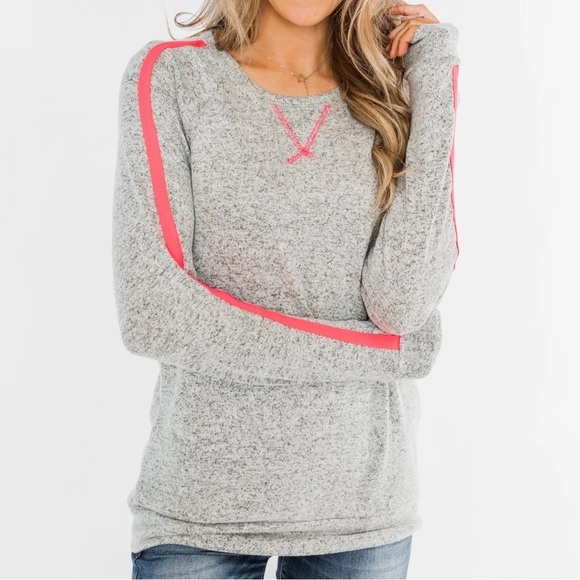 Pep In My Step Stripe Pullover Top- Heather Grey with Neon Pink‎ Stripes - Picture 4 of 8